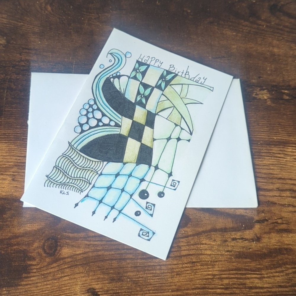 🌻 5/$20 Handmade Floral Zentangle Birthday Card- Blue,Green & Black